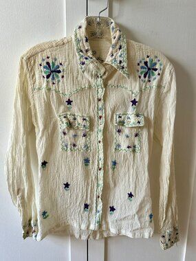 Vintage 1970s India Cotton Gauze Floral Embroidered Button Down Blouse